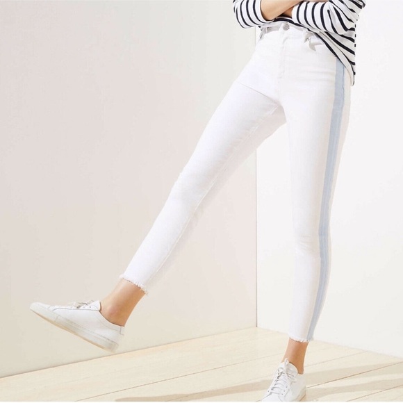 Ann Taylor LOFT Side Stripe Frayed High Waist Skinny Crop White Jeans - Picture 1 of 11